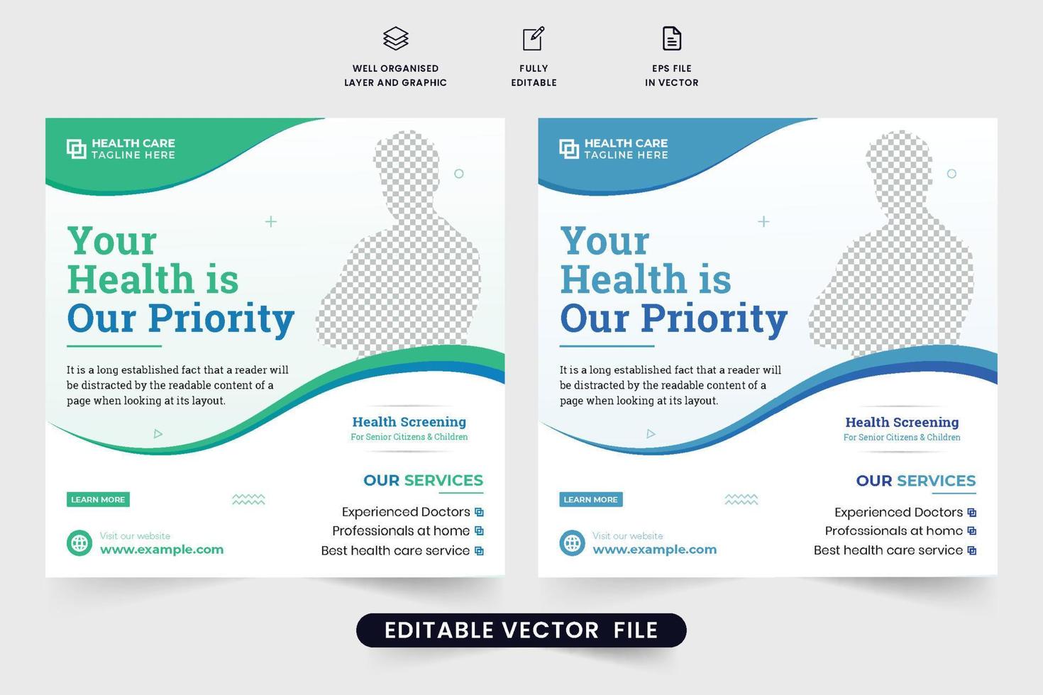 Medical treatment and healthcare template vector with photo placeholders. Modern clinical service social media post design with green and blue colors. Hospital doctor promotional web banner vector.