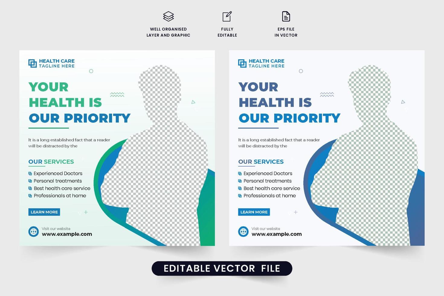 Medical treatment facilities web banner design with green and blue colors. Healthcare service promotional poster design with geometric shapes. Hospital health care service template for marketing. vector
