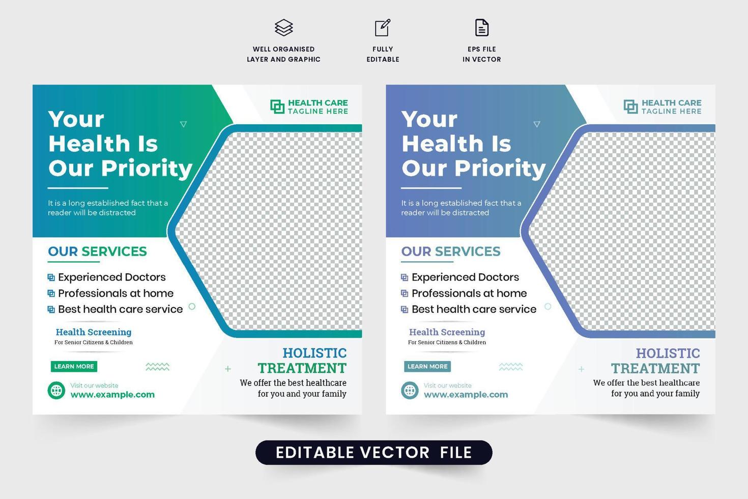 Special medical treatment social media post with blue and green colors. Clinical healthcare promotional template design with medical facilities. Hospital doctor treatment advertising poster vector. vector