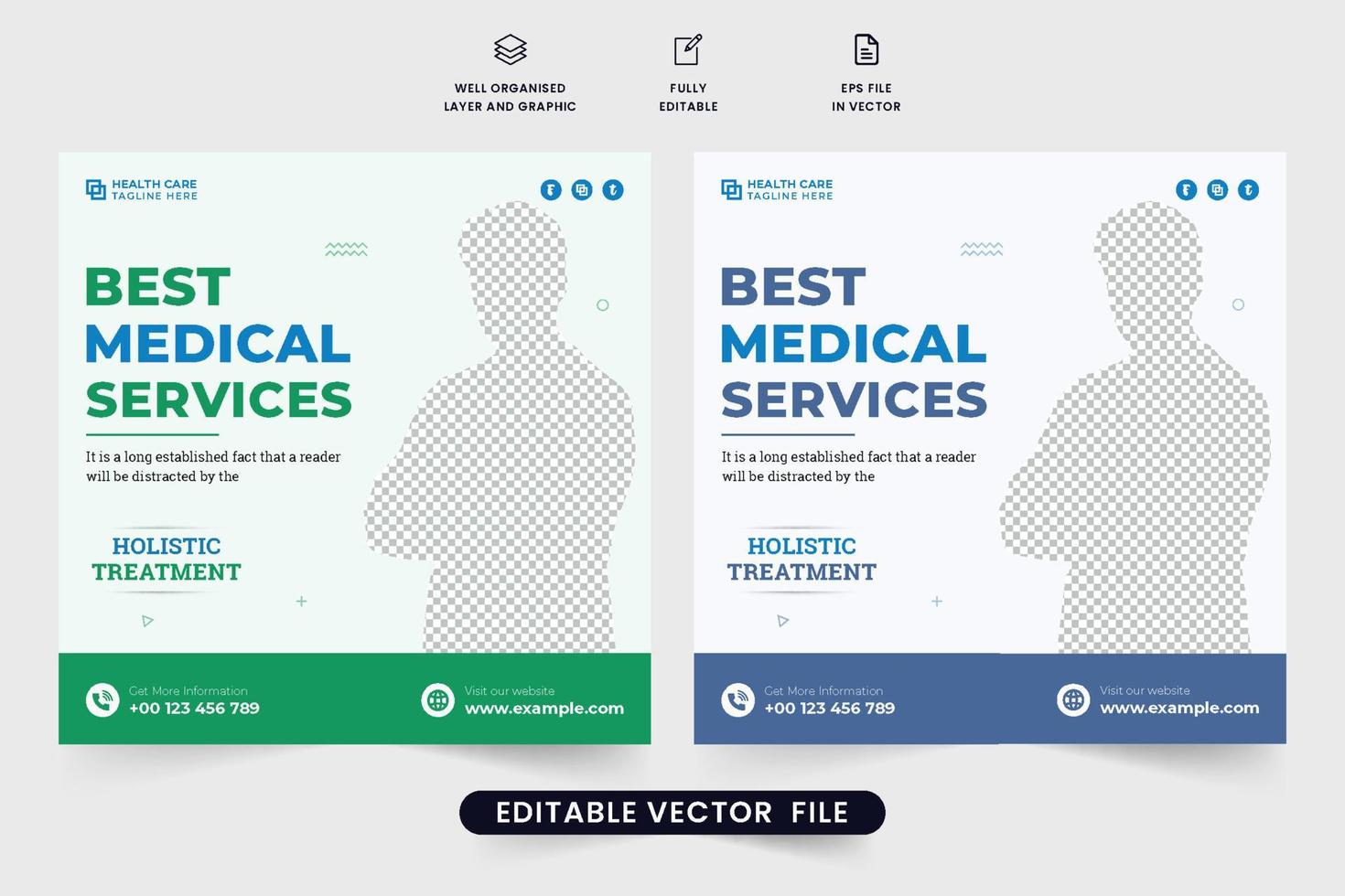 Clinic healthcare service template for advertisement. Modern hospital social media post vector with green and blue colors. Medical promotional web banner template for digital marketing.