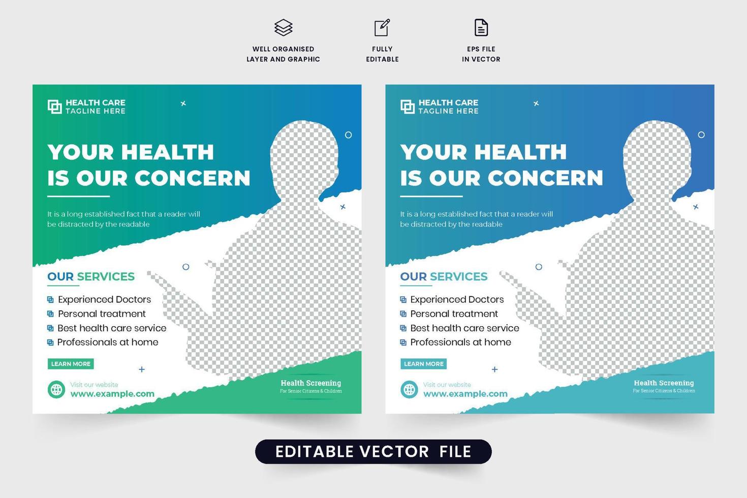 tratamiento médico especial diseño de publicaciones en redes sociales para marketing. diseño de banner web de promoción de la salud clínica con colores verde y azul. vector de cartel de anuncio de tratamiento de médico de hospital.