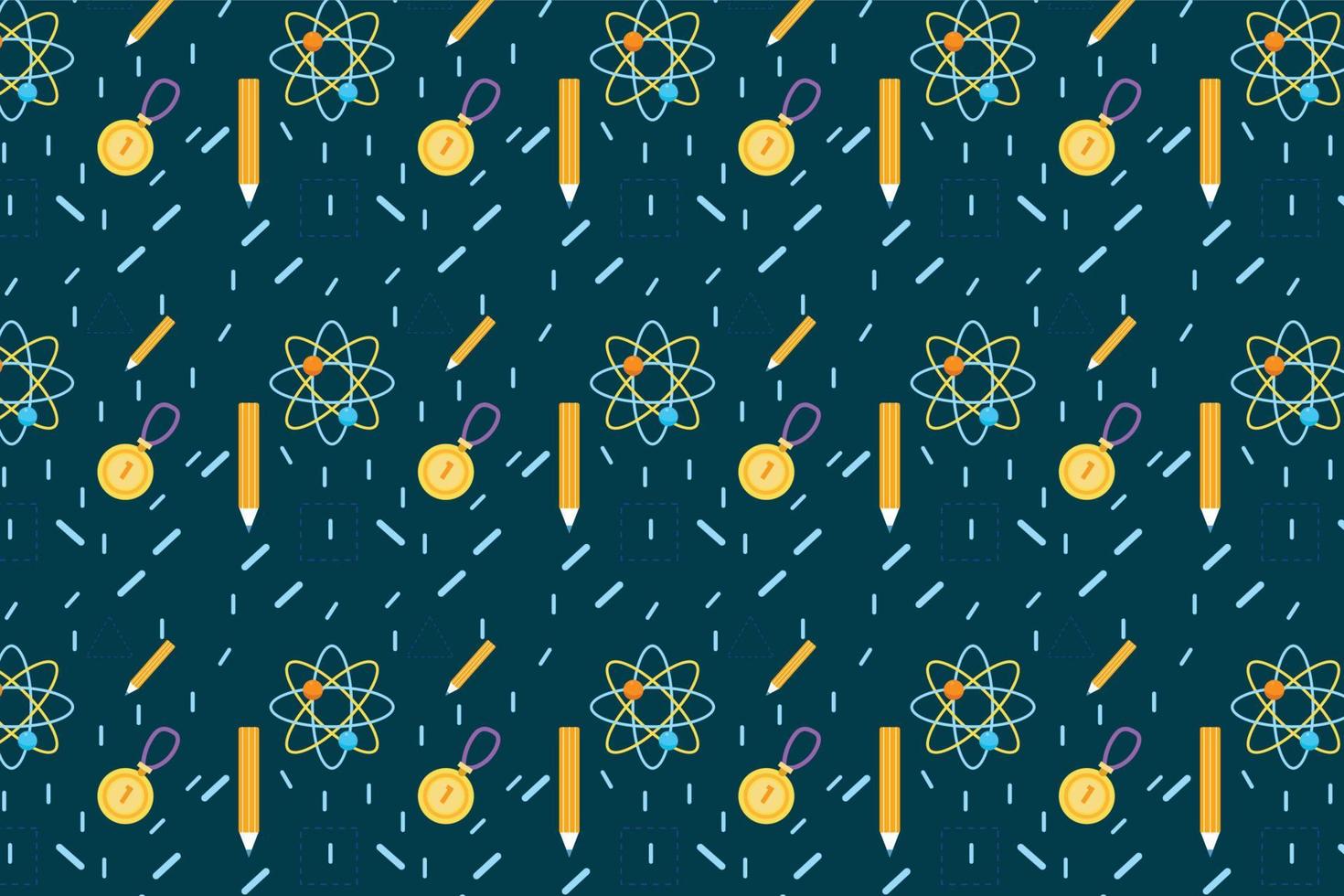 Minimal education pattern decoration with atomic structure, pencil, and medal icons. Seamless study pattern vector on a dark background. Abstract science pattern for backgrounds and wallpapers.