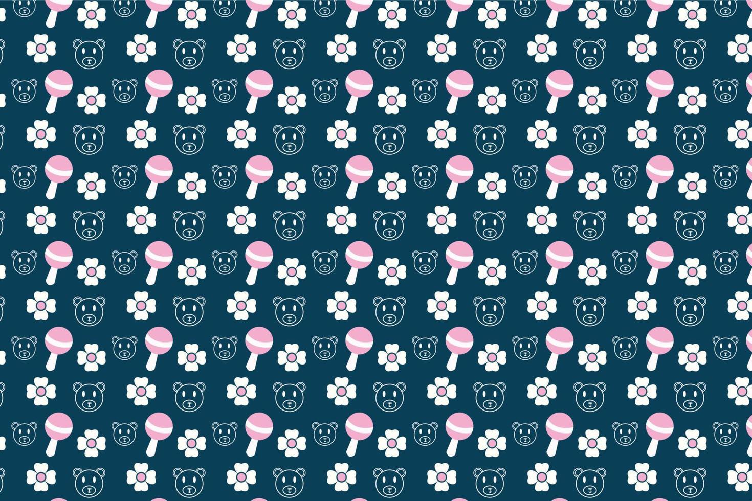 Abstract childish pattern vector with baby toys and flowers. Seamless backdrop pattern decoration for book covers, wallpapers, and wrapping papers. Minimal kid's pattern design with teddy bear faces.