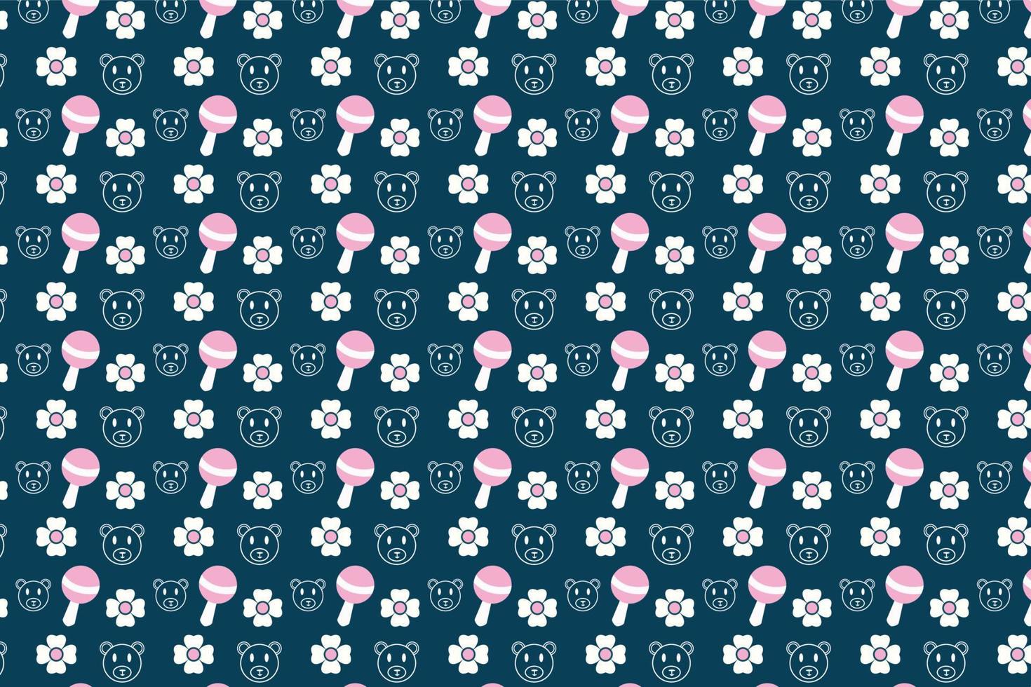 Abstract childish pattern vector with baby toys and flowers. Seamless backdrop pattern decoration for book covers, wallpapers, and wrapping papers. Minimal kid's pattern design with teddy bear faces.