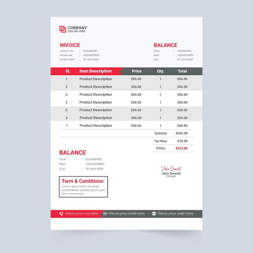 diseño de factura minimalista simple con color rojo y azul. información comercial y vector de decoración de recibos de compra. plantilla de factura y diseño de recibo de efectivo con secciones de acuerdo de pago.