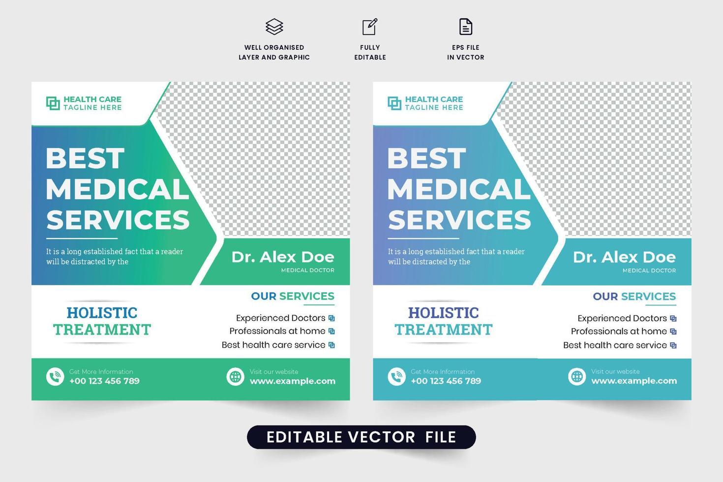 Best medical service promotional poster design with green and blue colors. Medical health treatment social media post vector. Special clinic healthcare business advertising web banner design. vector