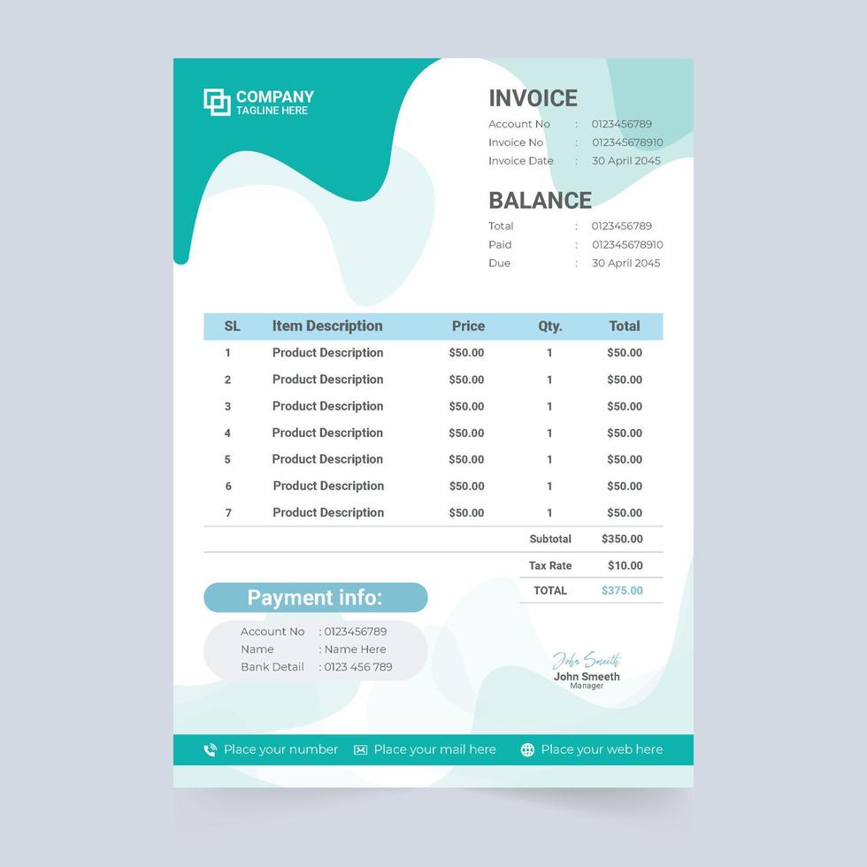 Company payment agreement and invoice bill template vector. Business payment information and price section design. Cash receipt and billing paper decoration vector with abstract shapes.