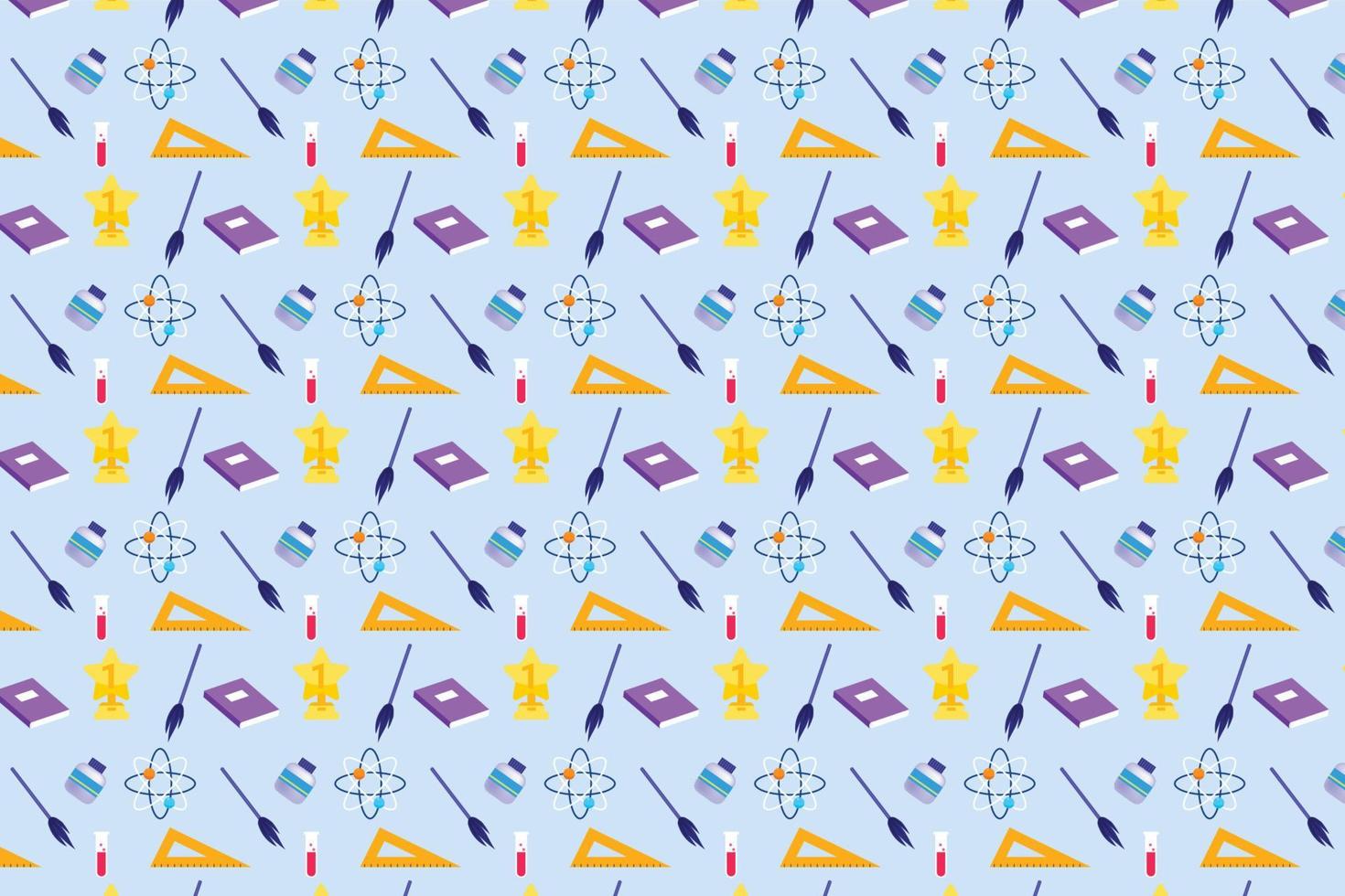 Modern education pattern background with atomic modules, paint and study elements. Academic seamless pattern design for book covers and wallpapers. Minimal abstract pattern decoration for education. vector