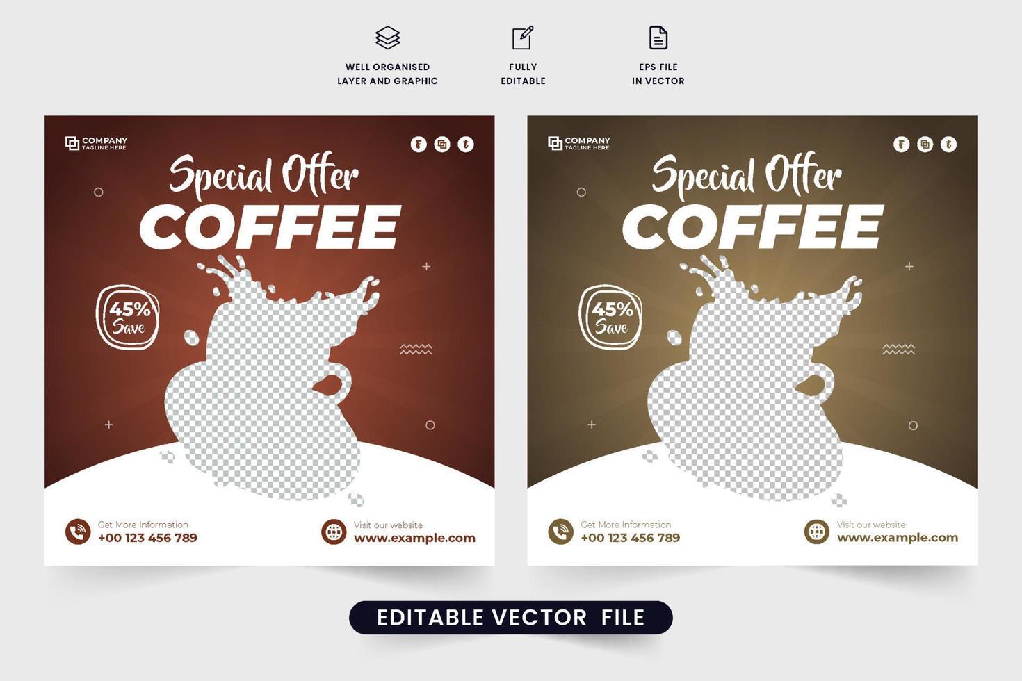 vector de publicación de redes sociales de café especial con ofertas de descuento. diseño de banner web promocional de negocios de café y restaurante. vector de plantilla de venta de bebidas para marketing en redes sociales. plantilla de venta de cafe