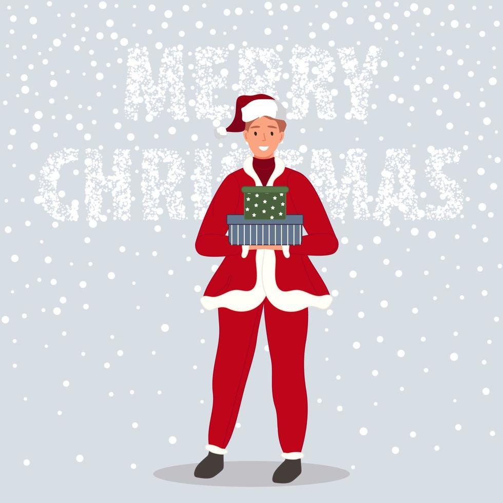 Happy man with Christmas gifts. Male wearing in Santa Claus clothes on snow background Merry Christmas concept. Vector illustration