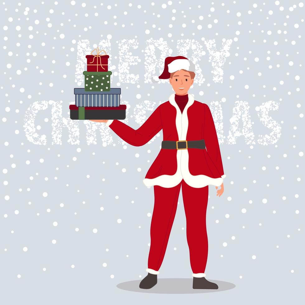 Happy man with Christmas gifts. Male wearing in Santa Claus clothes on snow background Merry Christmas concept. Vector illustration