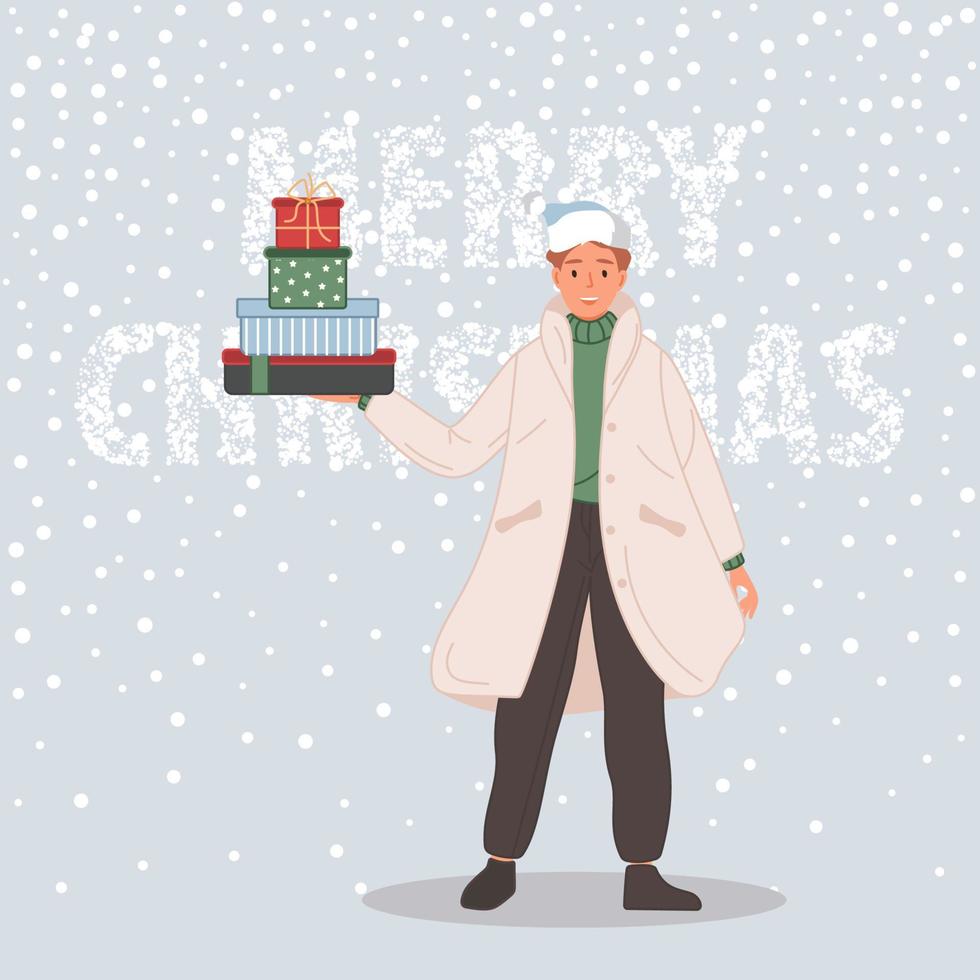 hombre feliz con regalos de navidad. hombre vestido con sombrero de santa sobre fondo de nieve feliz navidad concepto. ilustración vectorial vector