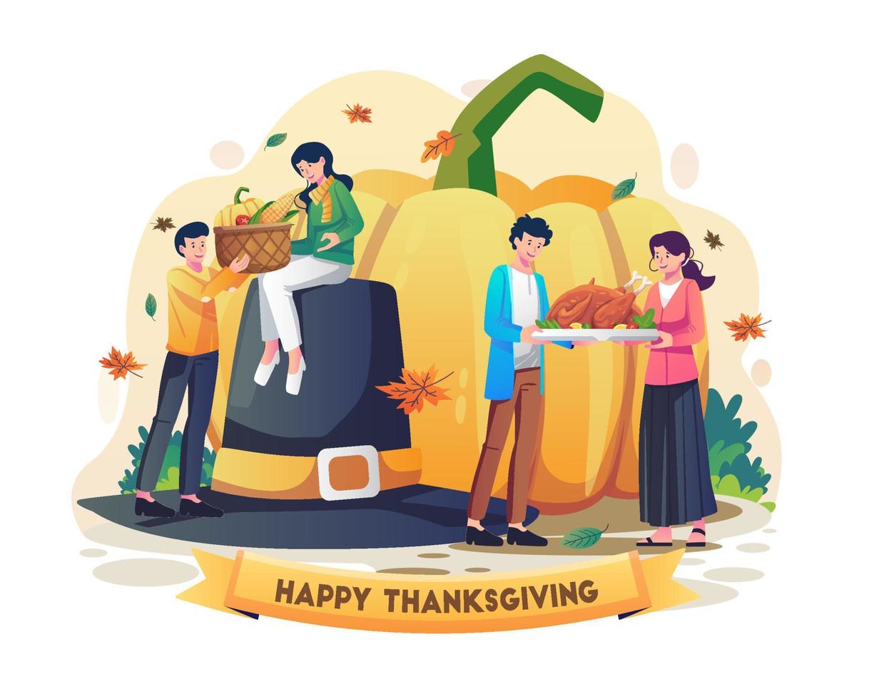 la gente celebra el día de acción de gracias compartiendo comida, calabaza y pavo asado. ilustración vectorial vector