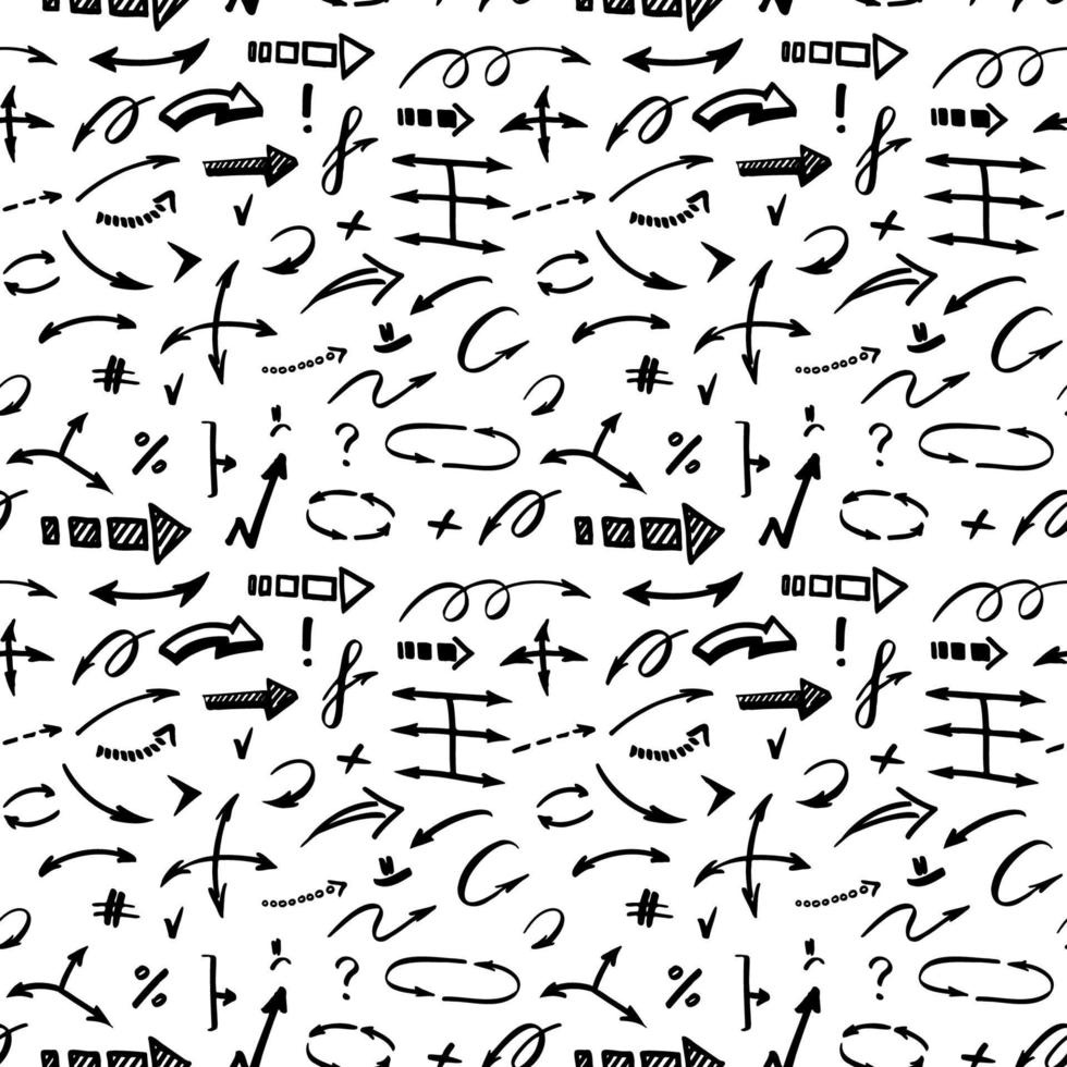 Vector arrow seamless pattern. Hand drawn doodle wavy and curve pointer elements with swirls.