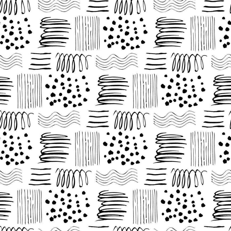 Seamless hand drawn pattern with different spots. Abstract strokes texture for fabric, paper, textile, apparel. Vector illustration