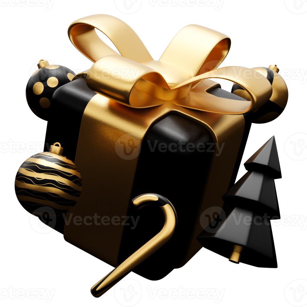 neues Jahr und Weihnachten 3D-Design. realistische Geschenkbox, Weihnachtstannenbaum, Ball, Süßigkeiten und dekorative Elemente. 3D-Renderbild von Weihnachtsferien png