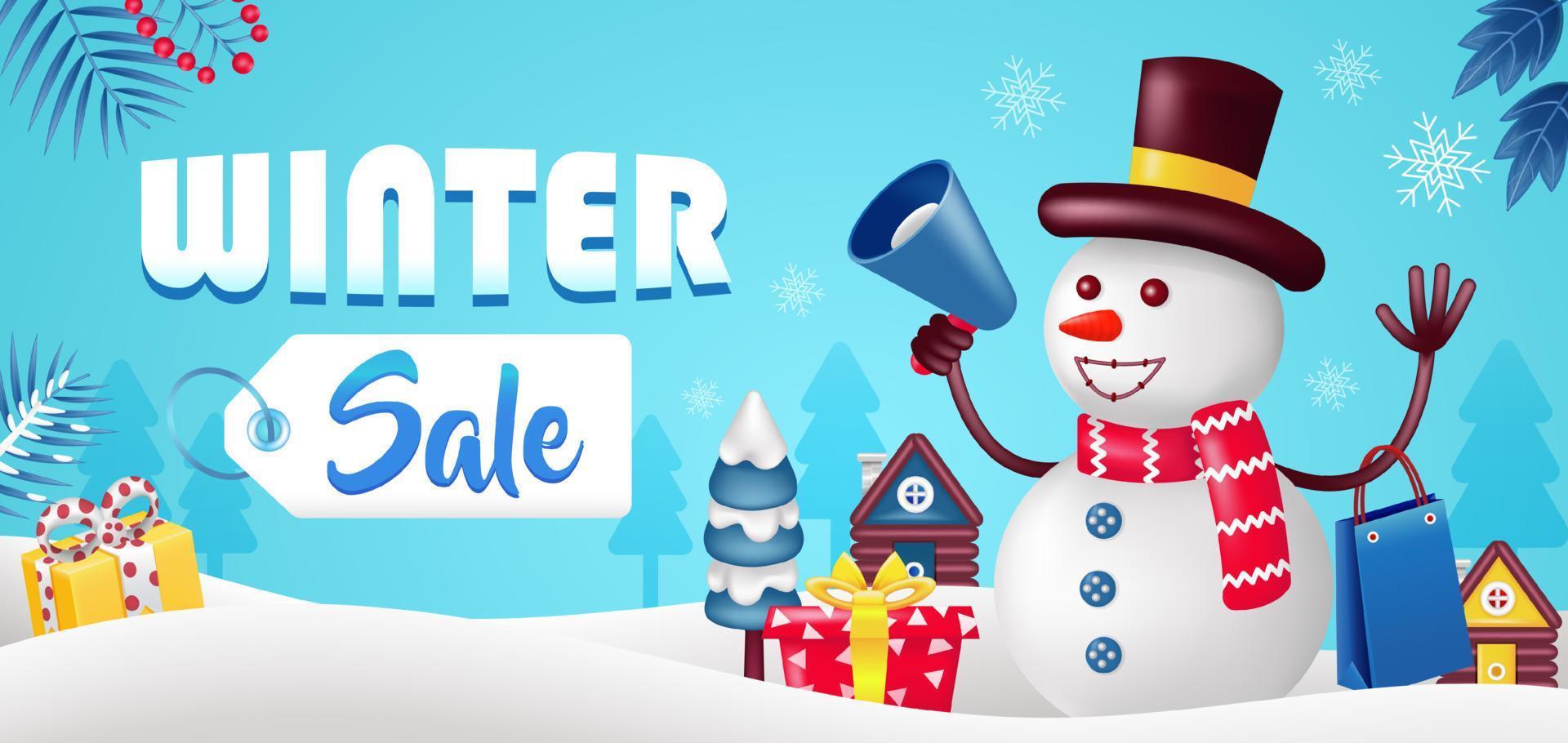 venta de invierno, muñeco de nieve 3d está de compras. adecuado para eventos vector