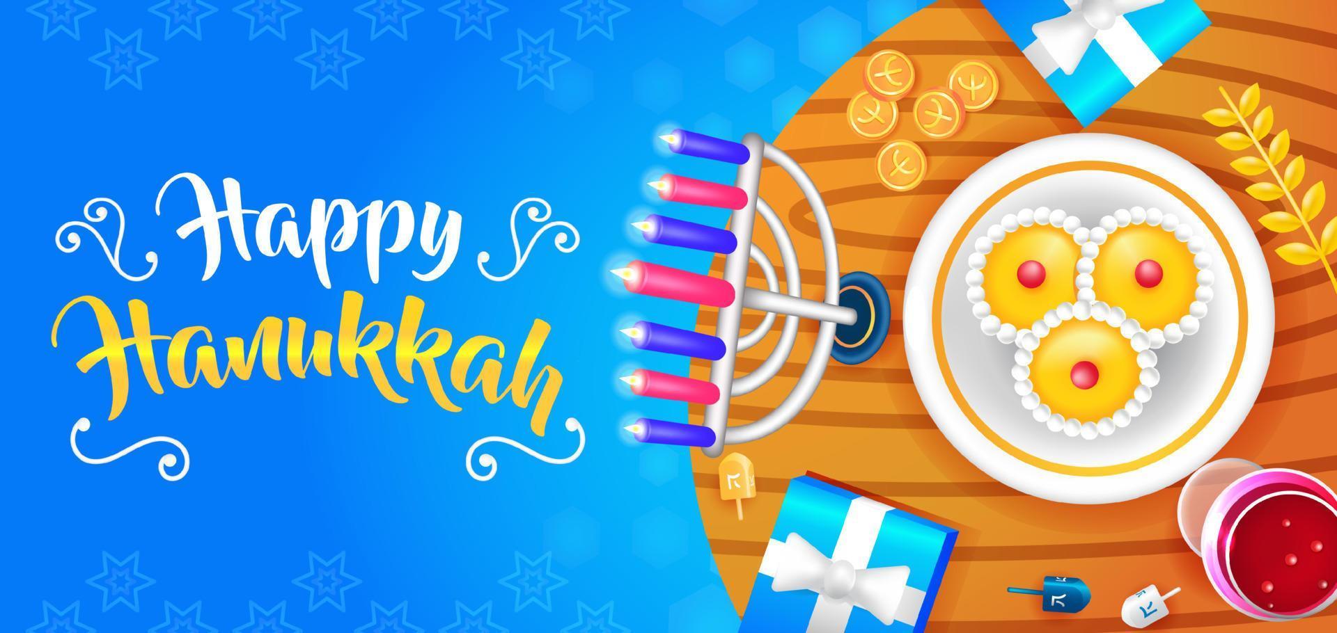 feliz hanukkah, portavelas 3d, dreidel y regalos. adecuado para eventos vector