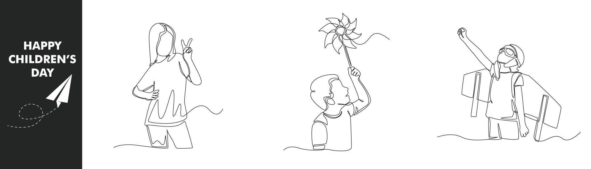 Single one line drawing children day concept set. Happy boy and girl in children day. Plane costume and paper flower. Continuous line draw design graphic vector illustration.