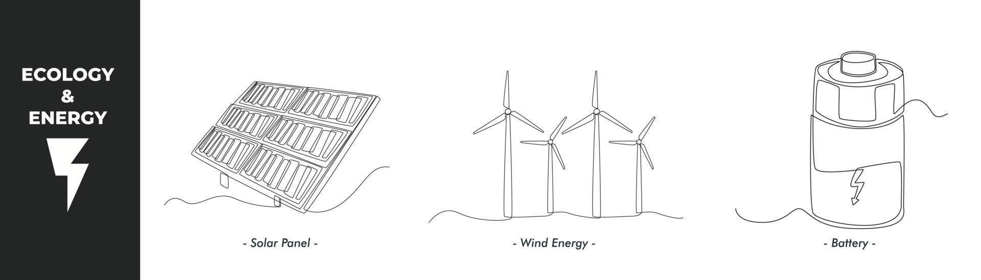 Single one line drawing energy and ecology concept set. Solar panel, wind energy and and Battery. Continuous line draw design graphic vector illustration.