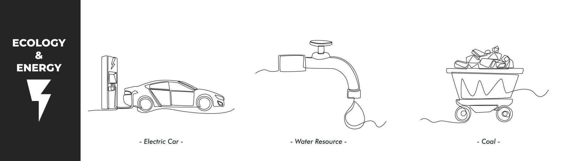 Single one line drawing energy and ecology concept set. Electric car, Water energy and coal energy. Continuous line draw design graphic vector illustration.