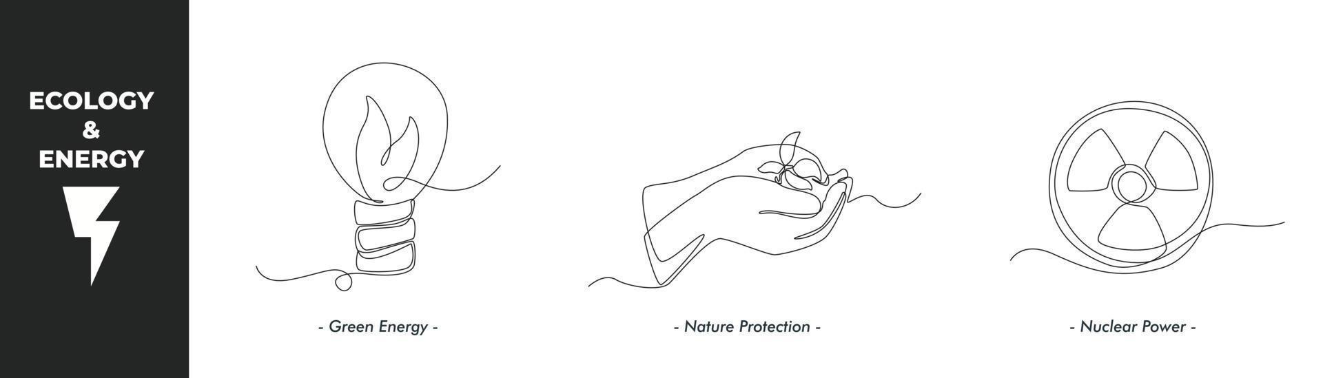 conjunto de conceptos de energía y ecología de dibujo de una sola línea. lámpara de energía verde, protección de la naturaleza y energía nuclear. ilustración de vector gráfico de diseño de dibujo de línea continua.