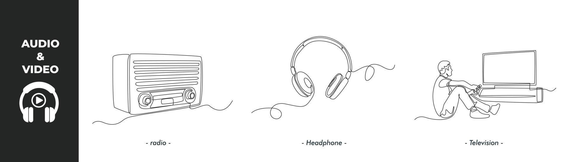 Continuous one line drawing winter audio and video concept set. Radio, Headset and Television flat screen. Single line draw design vector graphic illustration.