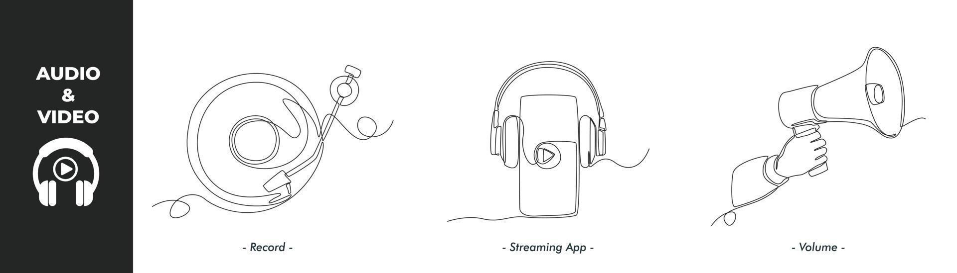 Continuous one line drawing winter audio and video concept set. Record, Streaming app and Volume icon. Single line draw design vector graphic illustration.