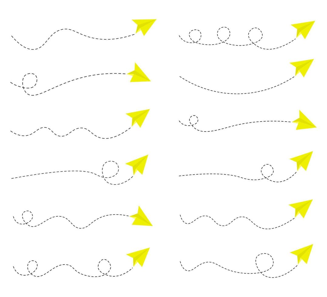 conjunto de ruta de avión de papel de línea discontinua vector