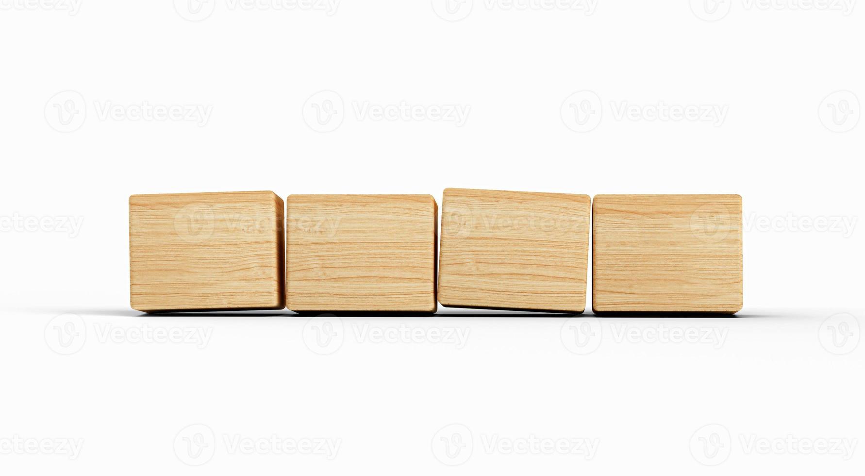 Four wooden toy cubes arranged in row on white background photo