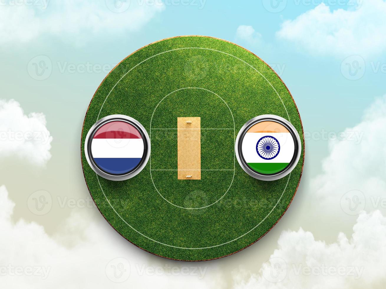 India vs Netherlands cricket flag with Button Badge on stadium 3d illustration photo