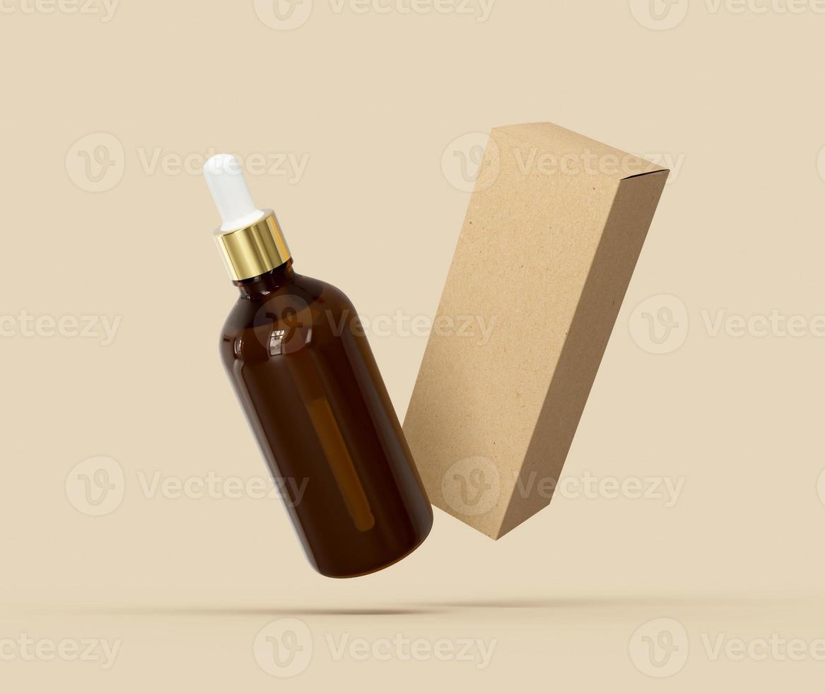 Dropper bottle with cardboard packaging box mockup with mockup isolated background. 3d illustration photo