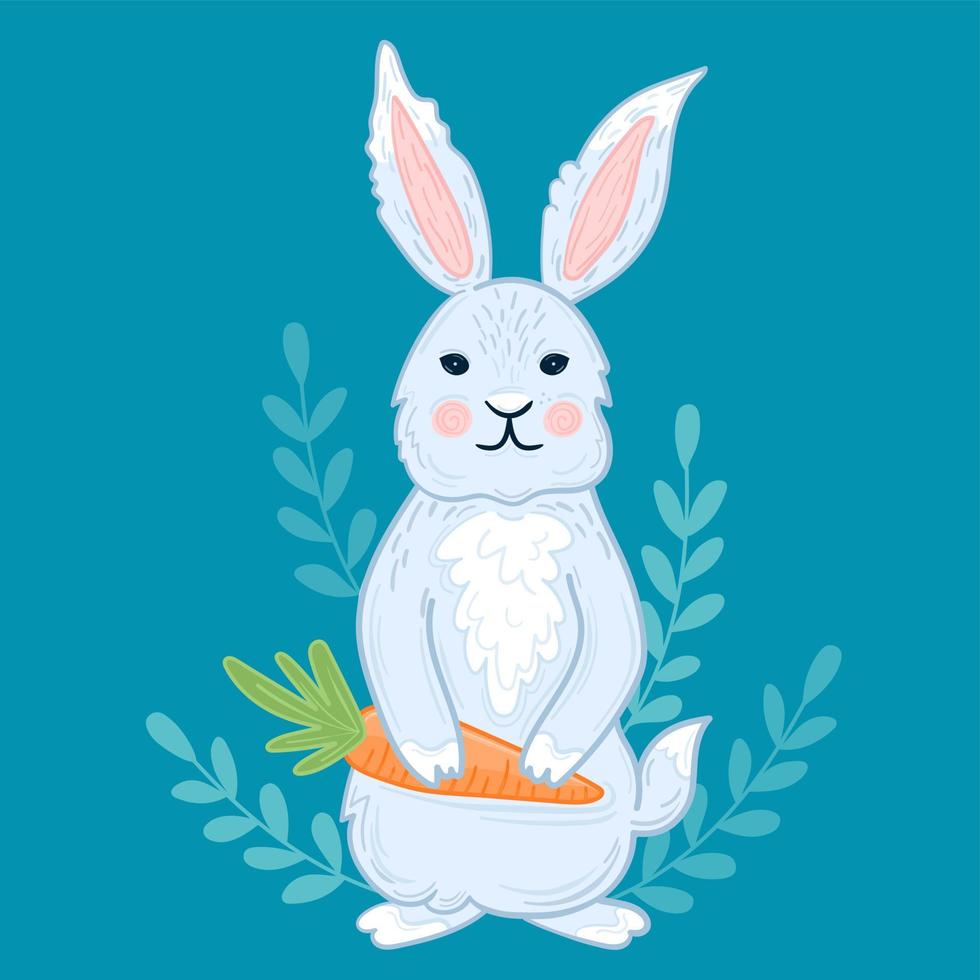 Vector illustration cute blue bunny with carrot symbol 2023 year.