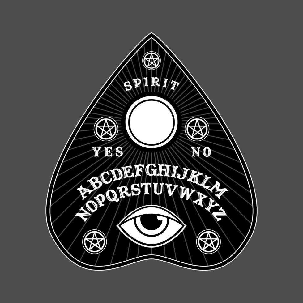 Ouija Board in Pointer shape for halloween party. Planchette play for calling souls and demons. Ghosts and demons calling game wth gothic typography. Symbols of moon ,sun, texts. vector