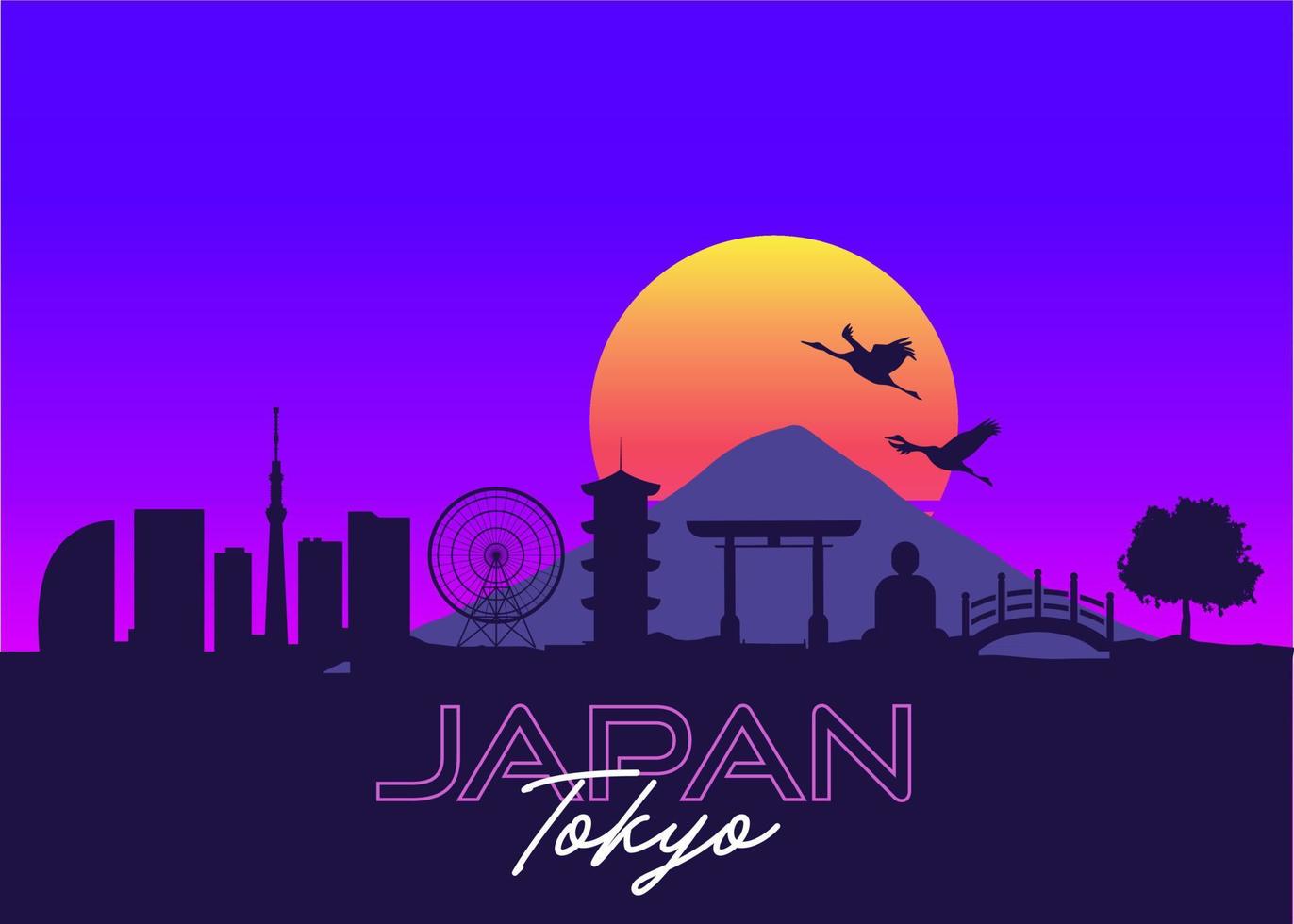 tokio, paisaje del horizonte de japón en estilo retro vector