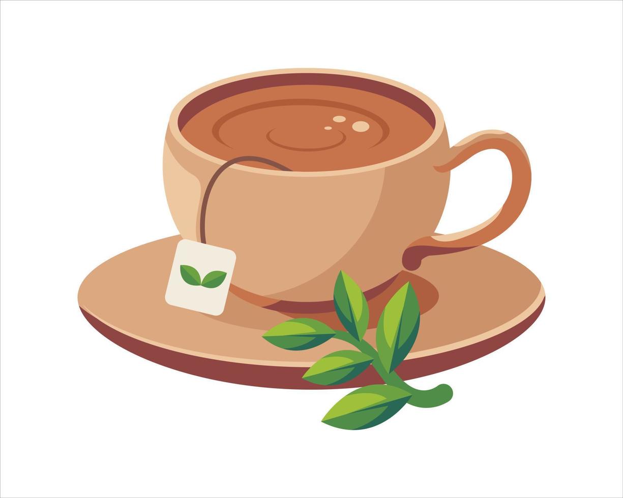 brown realistic tea cup with leafs isolated on white background vector