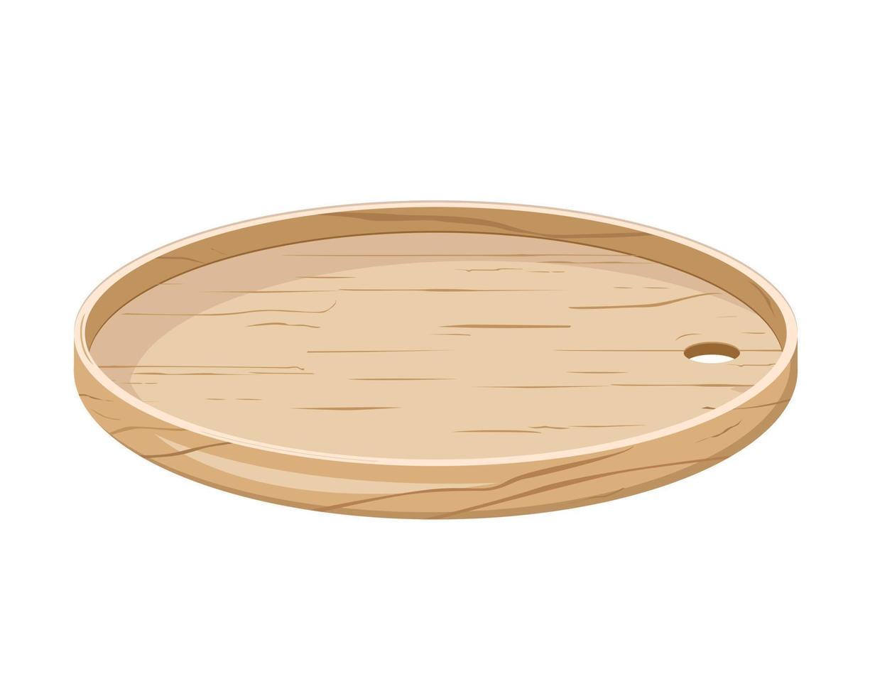 Empty meal trays Cartoon food dish tray, cycle wooden tray with handle, restaurant. isolated vector illustration of empty tray for food. realistic 3d vector