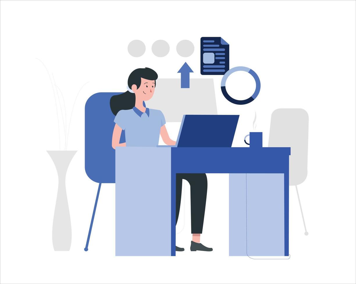 Business woman at work. Office worker woman behind the a work desk. Vector illustration of a flat design. on the blue table