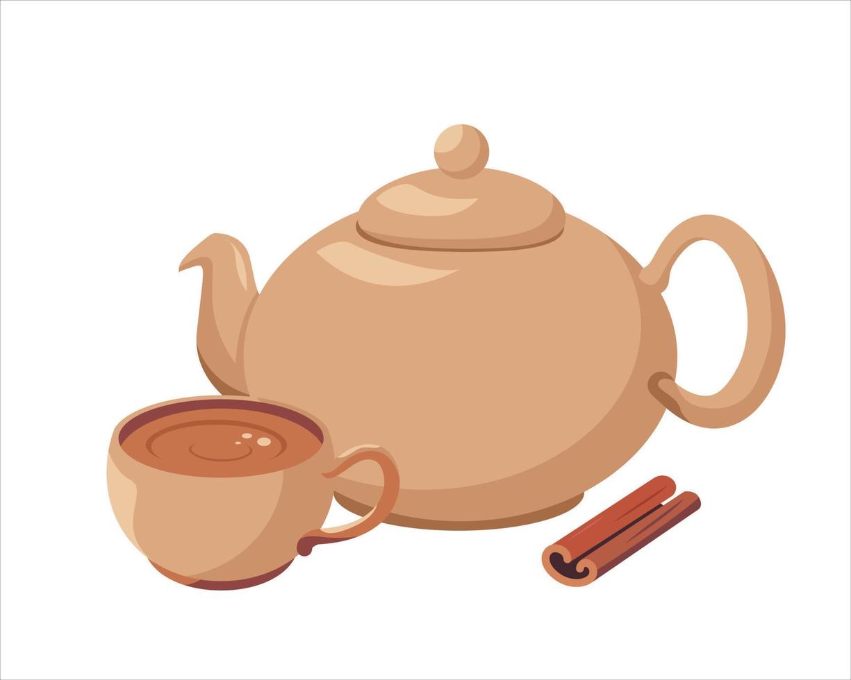 juego de ceremonia del té chino y japonés. tetera de cerámica y cuencos de té verde aislados. ilustración vectorial tetera tradicional y taza vector