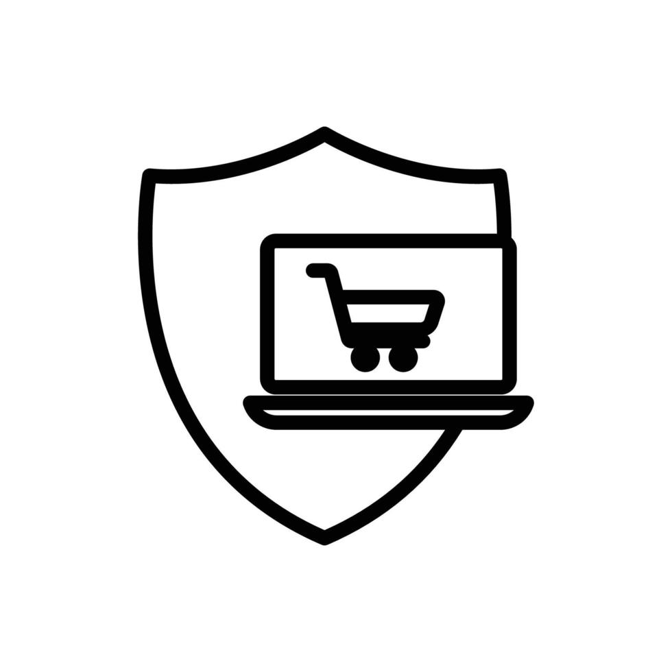 Online shopping security line icon. Contains icon shield with laptop and shopping cart. icon illustration related to  e commerce shop. Simple vector design editable. Pixel perfect at 32 x 32