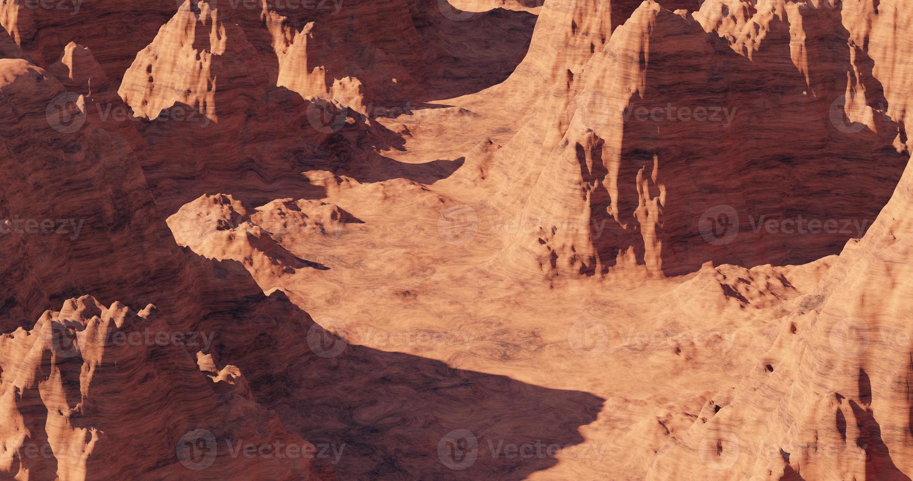 3d render of imaginary mars planet terrain, Mars planet landscape, orange eroded desert with mountains and sun, realistic science fiction illustration. photo