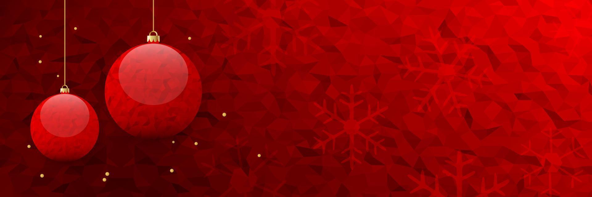 Horizontal banner with Christmas balls in red against low-poly modern background with copy space on the right vector