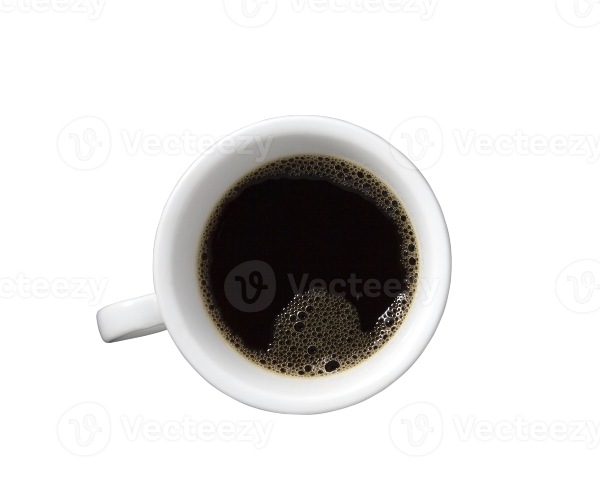 Black coffee in white coffee cup on transparent background. png