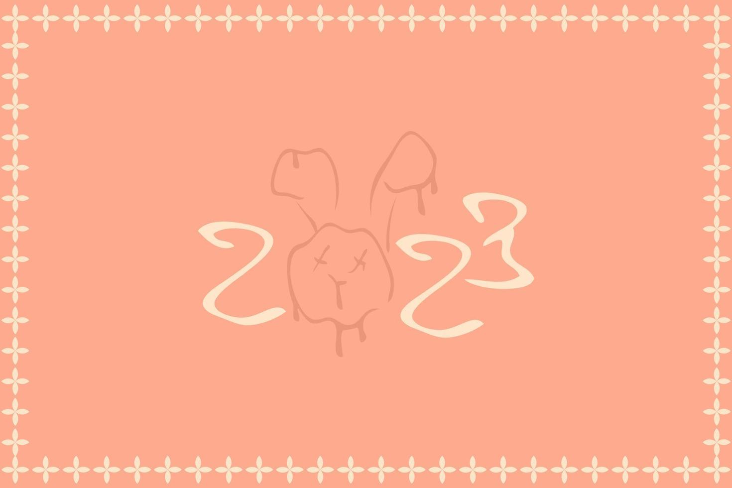 New year 2023 background with melting bunny face, numbers and border. vector