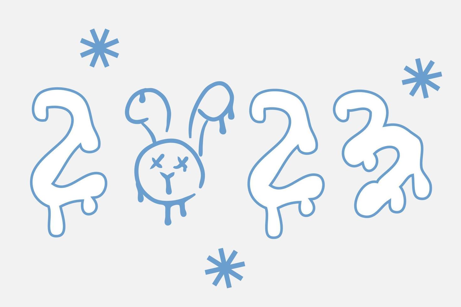 New year 2023 print with dripping rabbit face and snowflakes. vector
