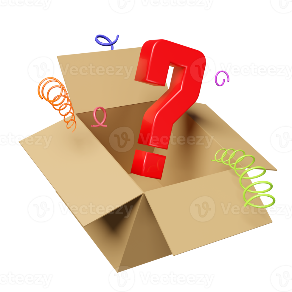 3d Open goederen karton doos met wit vraag Mark symbool icoon geïsoleerd. FAQ of vaak vroeg vragen, minimaal concept, 3d geven illustratie png