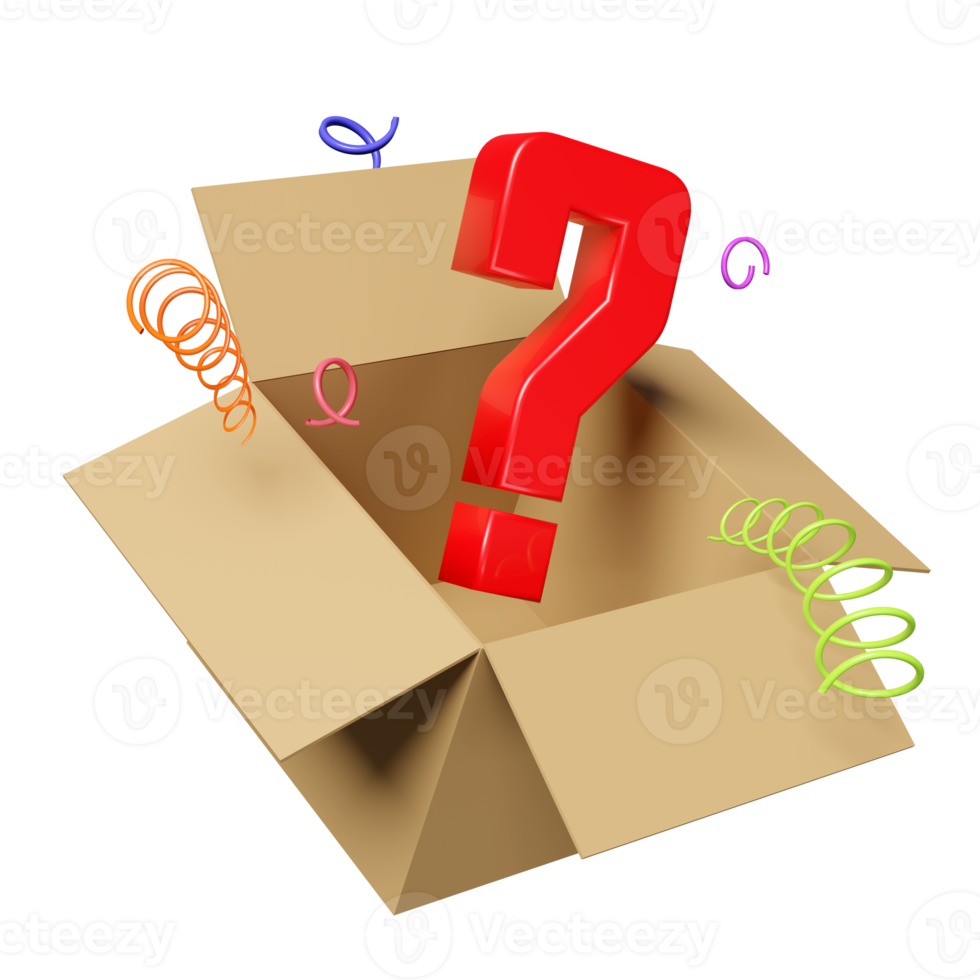 3d open goods cardboard box with white question mark symbol icon isolated. FAQ or frequently asked questions, minimal concept, 3d render illustration png