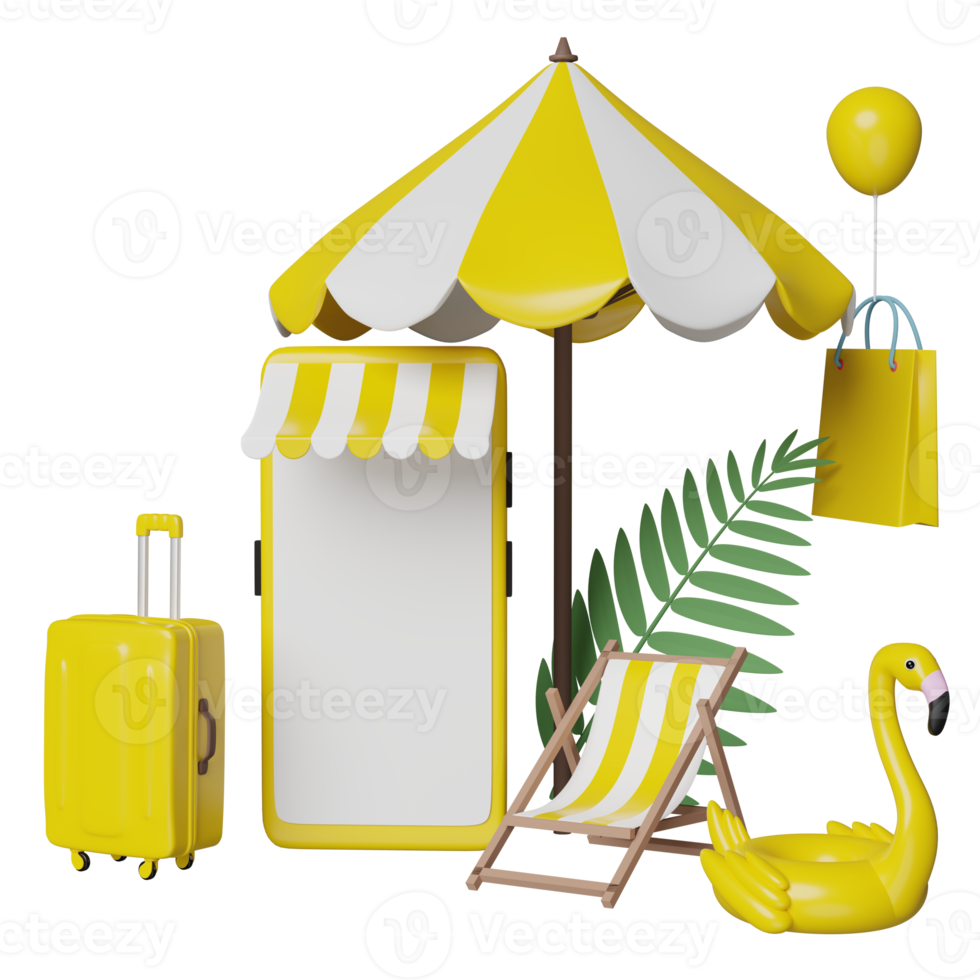 handy- oder smartphone-geschäftsfront, gelber koffer, strandkorb, aufblasbarer flamingo, palmblatt, einkaufspapiertüten, regenschirm, online-shopping-sommerverkaufskonzept, 3d-illustration oder 3d-rendering png