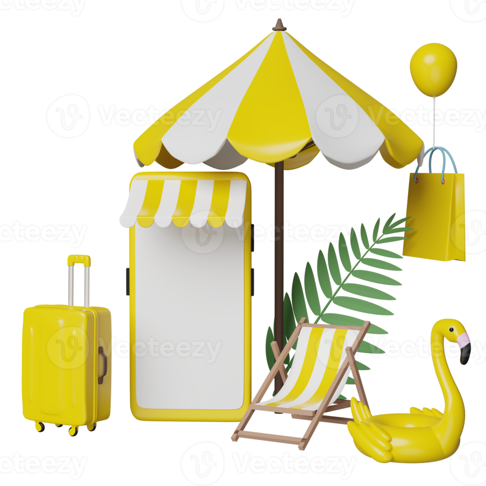 mobiel telefoon of smartphone op te slaan voorkant, geel koffer, strand stoel, opblaasbaar flamingo, palm blad, boodschappen doen papier Tassen, paraplu, online boodschappen doen zomer uitverkoop concept, 3d illustratie of 3d geven png