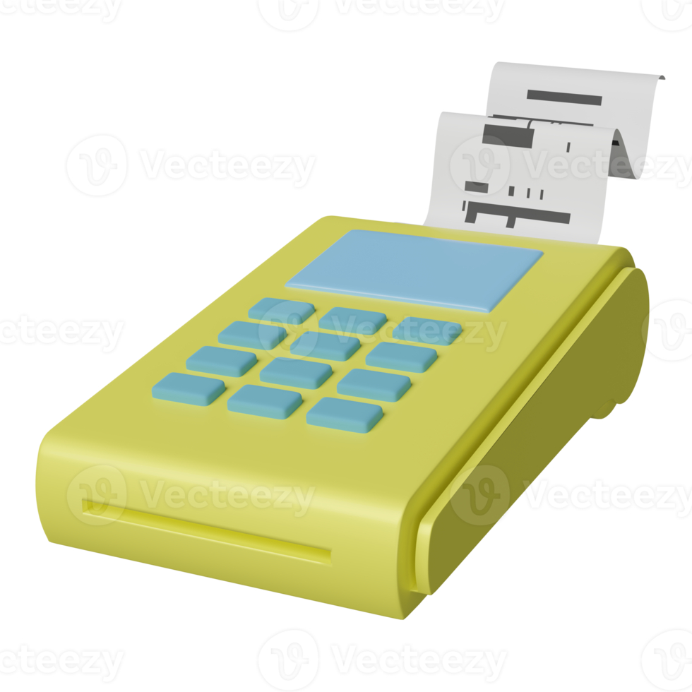 máquina de pagamento amarela ou terminal pos, pagamento de contas eletrônicas e cartão de crédito com recibo de fatura ou cheque em papel, moeda isolada. ilustração 3D ou renderização 3D png